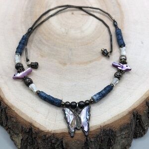 Southwestern liquid silver beaded necklace abalone butterfly necklace-artisan.